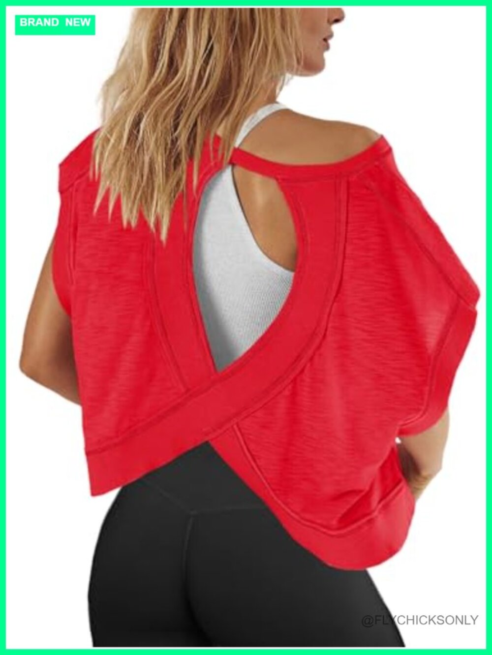 Women's Oversized Open Back Workout Top Short Sleeve Crew Neck Crop Tee